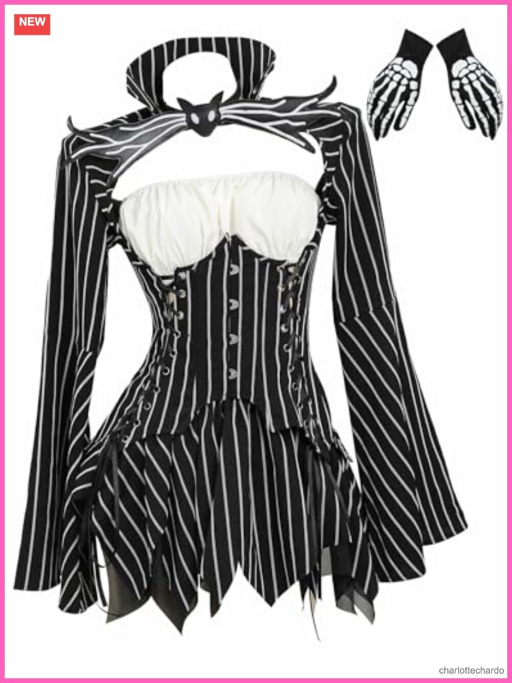 Gothic Striped Costume Set with Tube Top, Skirt, Gloves, and Leg Warmers